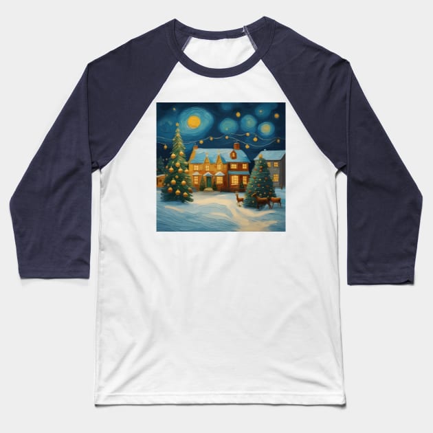 Festive Christmas Landscape with Van Gogh Starry Night Influence Baseball T-Shirt by bragova